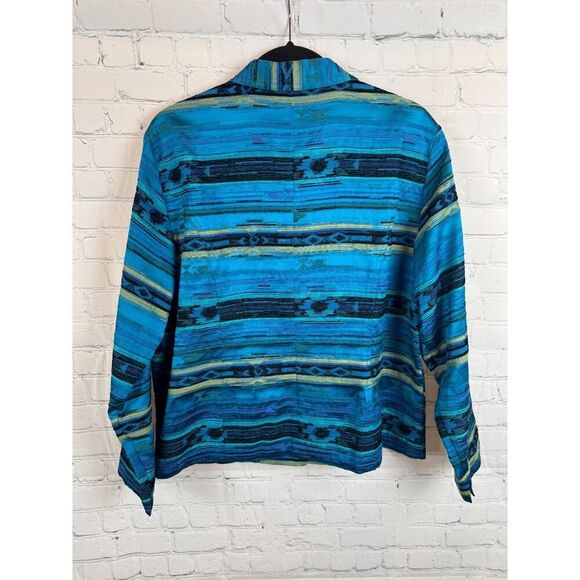 CHICO'S royal blue teal silk blend unlined aztec southwestern jacket blazer 2 L - Picture 8 of 8